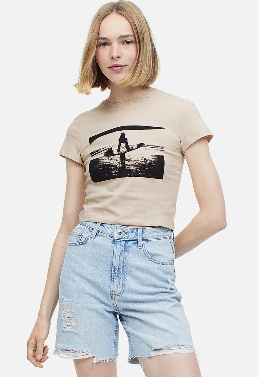 H&M - Printed cropped top - light beige surfer