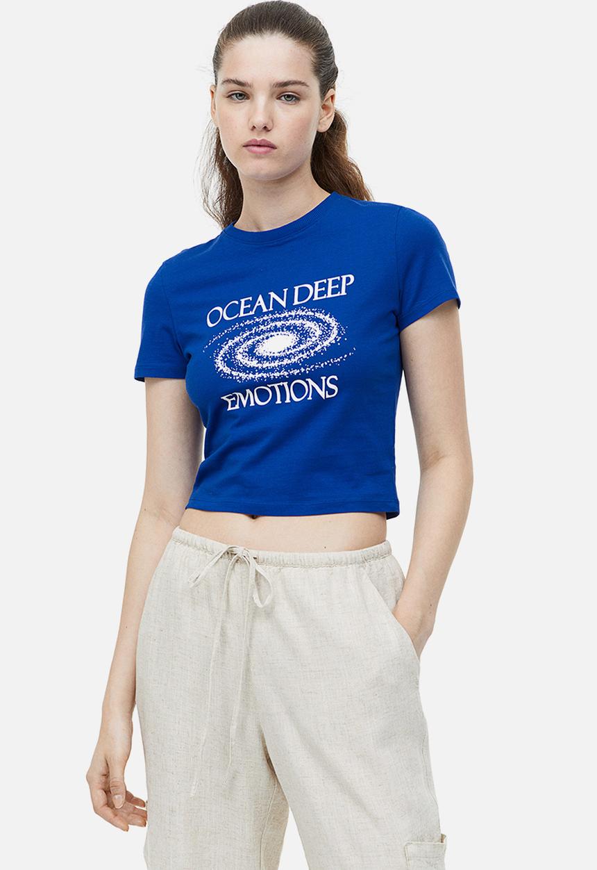 H&M - Printed cropped top - bright blue ocean deep 