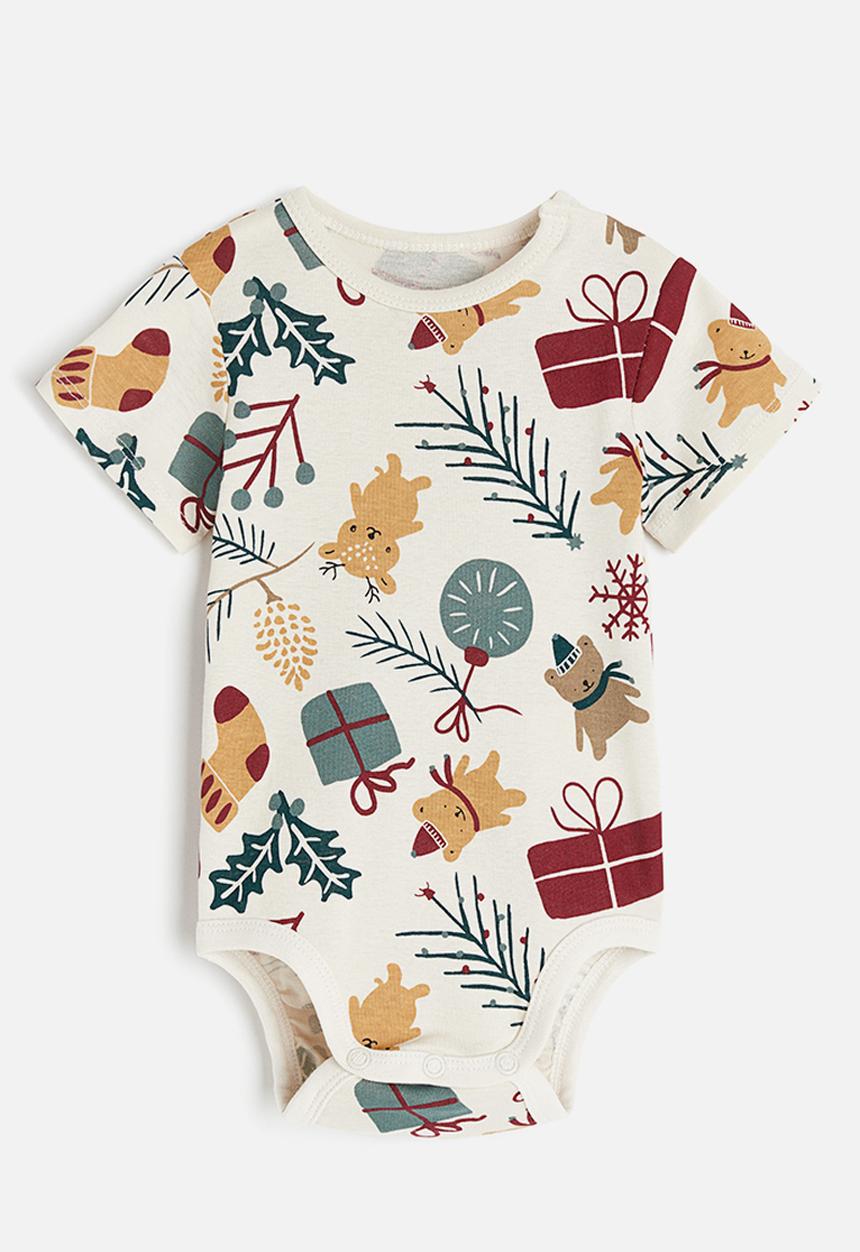 H&M - Short-sleeved bodysuit - light beige patterned