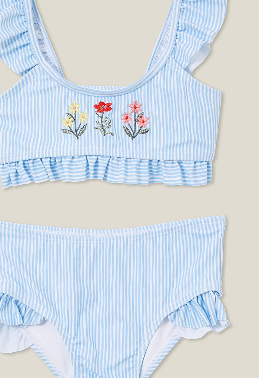 Cotton On - Ruffle bikini - sky haze stripe/floral embroidery