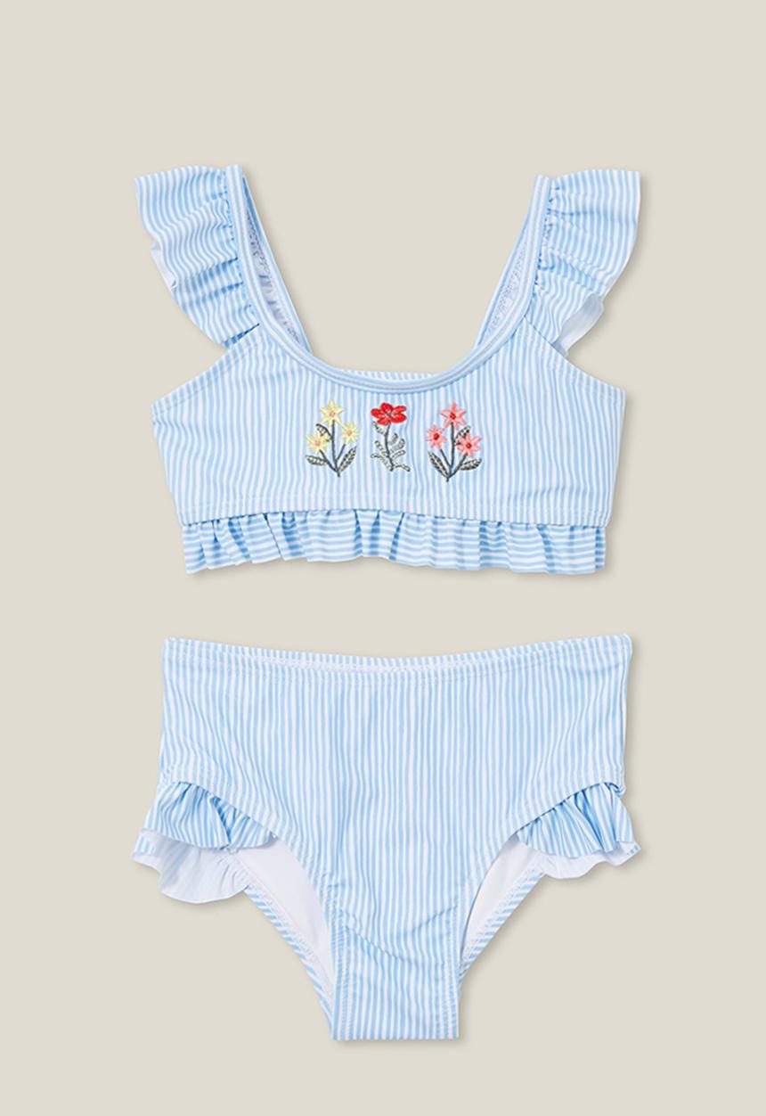 Cotton On - Ruffle bikini - sky haze stripe/floral embroidery