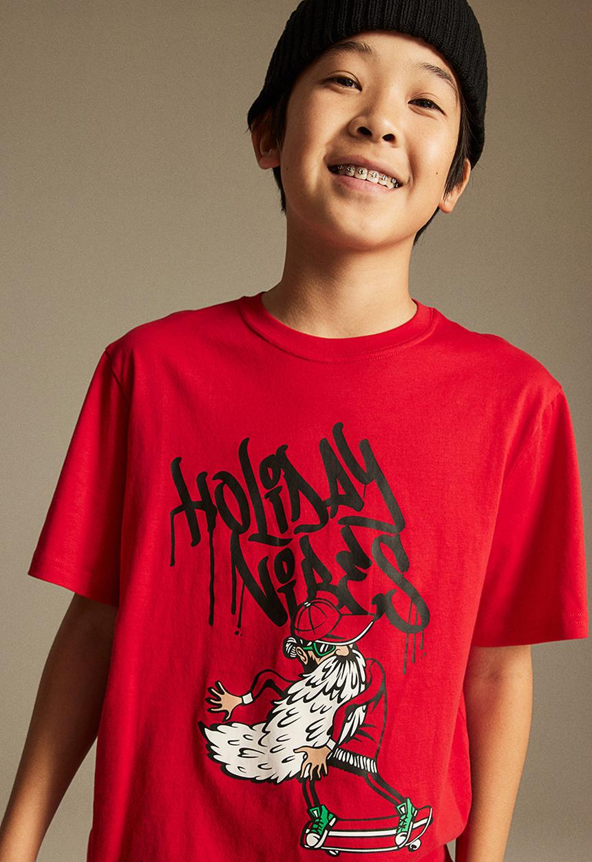 H&M - Printed cotton T-shirt - red holiday vibes