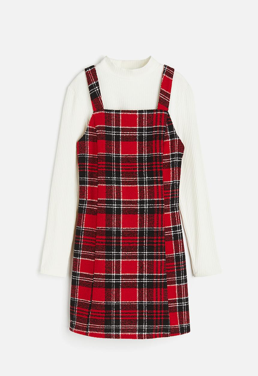 H&M - 2-piece pinafore dress set - red & white