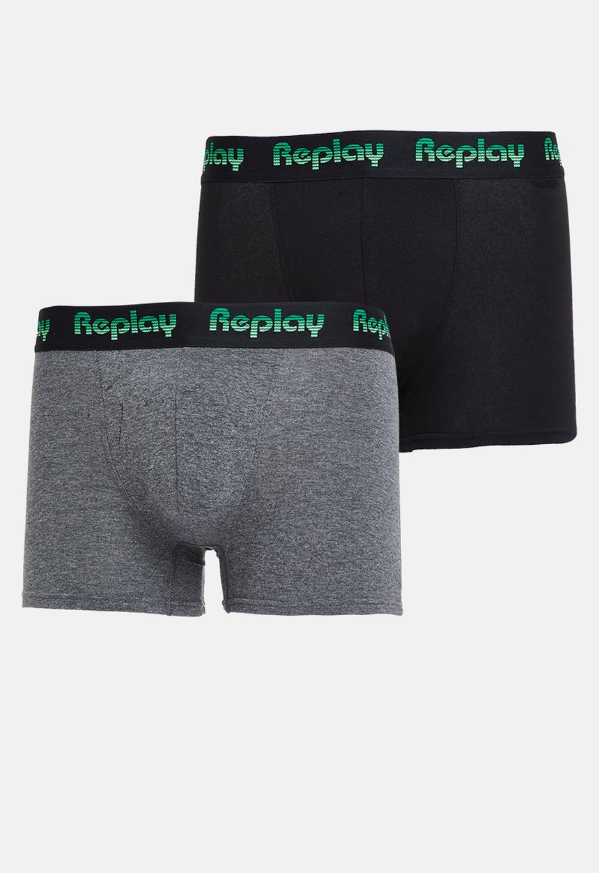 Replay - Replay boxer style 5 jacquard logo 2 pack -  black & dark grey melange
