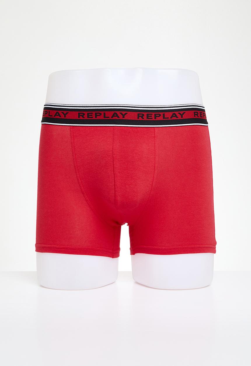 Replay - Replay boxer style 3 cuff logo & stripes 2 pack - black & red