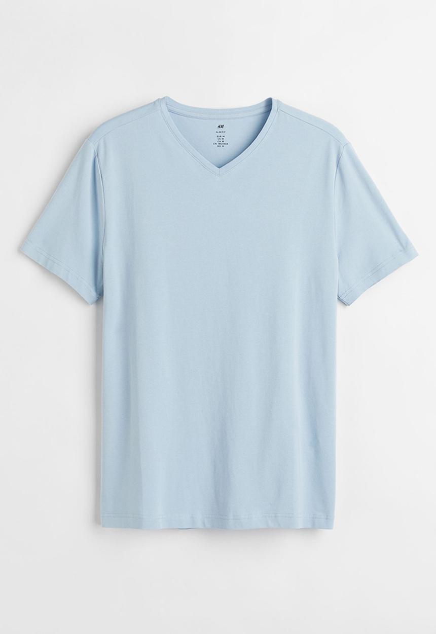 H&M - Slim fit v-neck T-shirt - light blue 