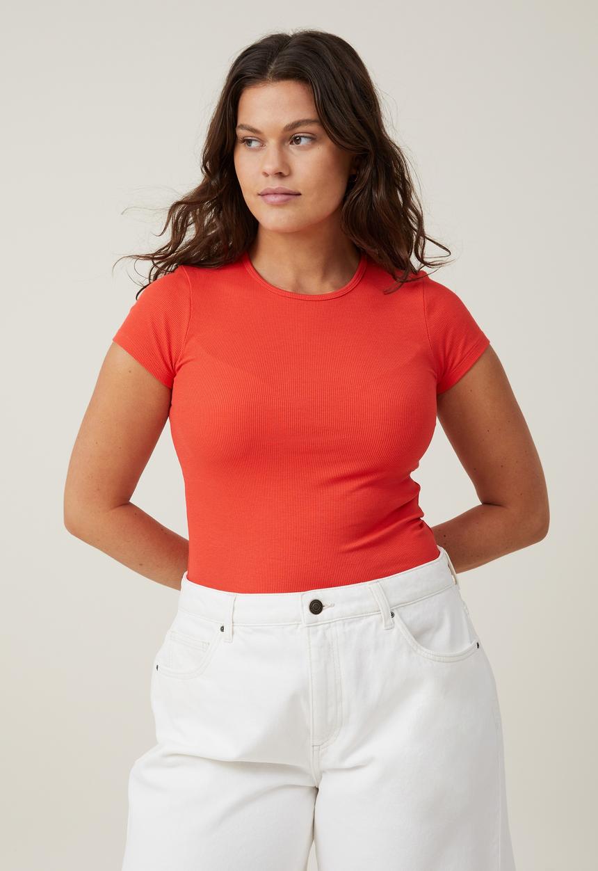 Cotton On - Plus The One Organic Rib Crew Short Sleeve Tee - Sunset Coral