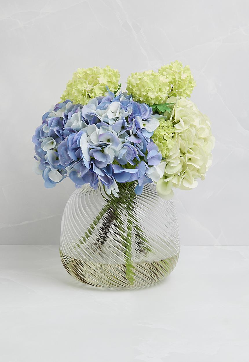 Silk By Design - Hydrangea in glass vase - blue