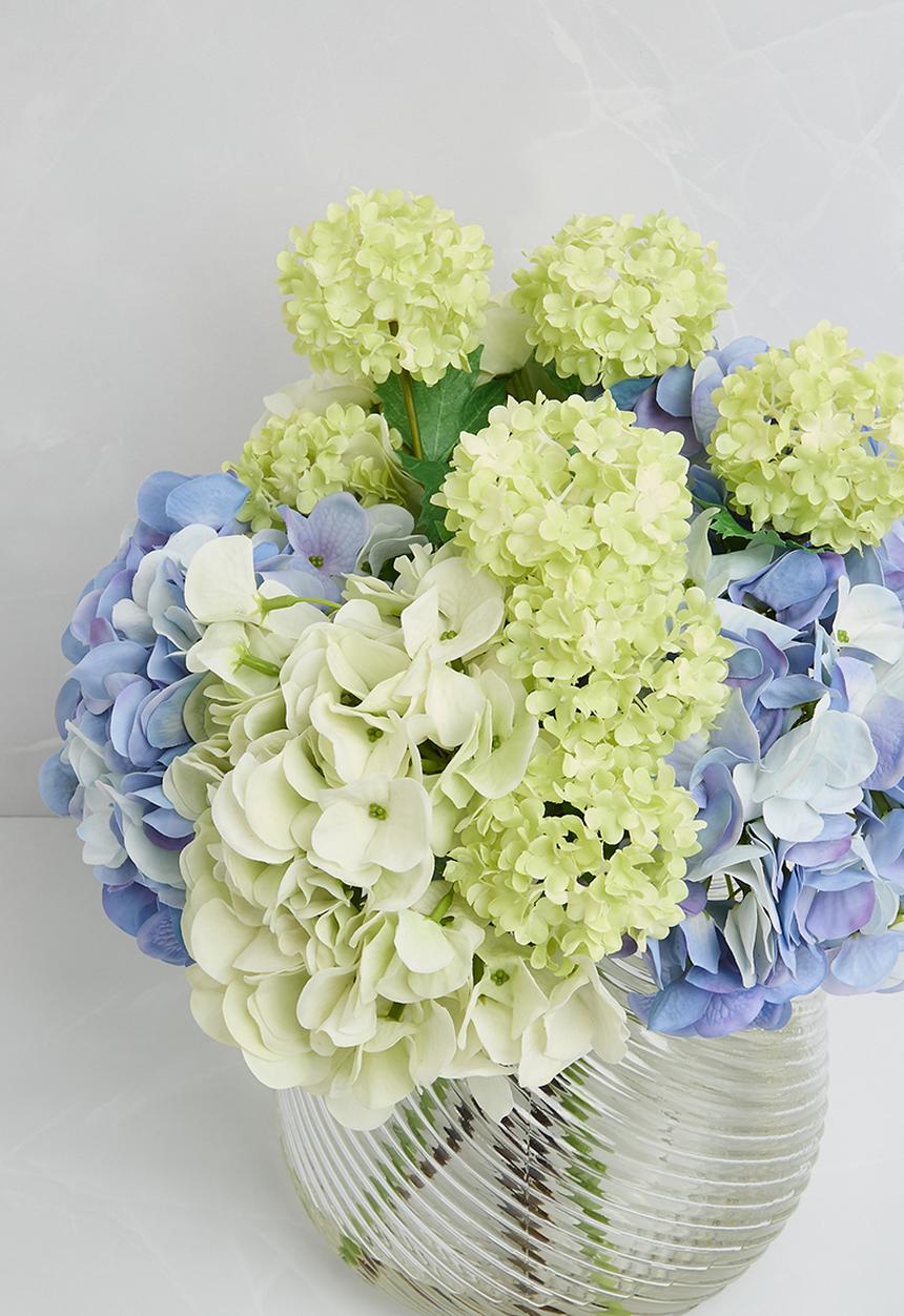 Silk By Design - Hydrangea in glass vase - blue