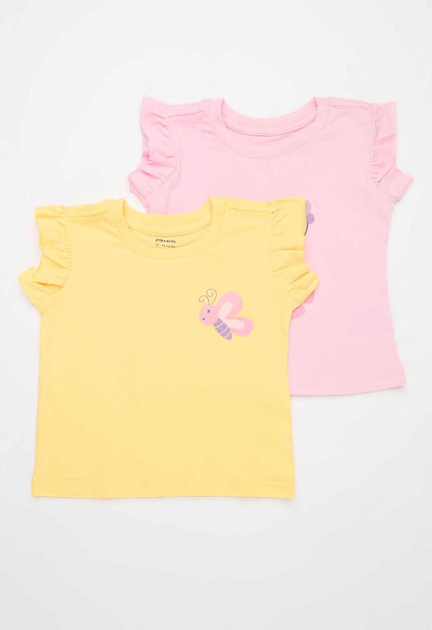 Pop Candy - 2 Pack frill sleeve tee - dusty pink & light yellow
