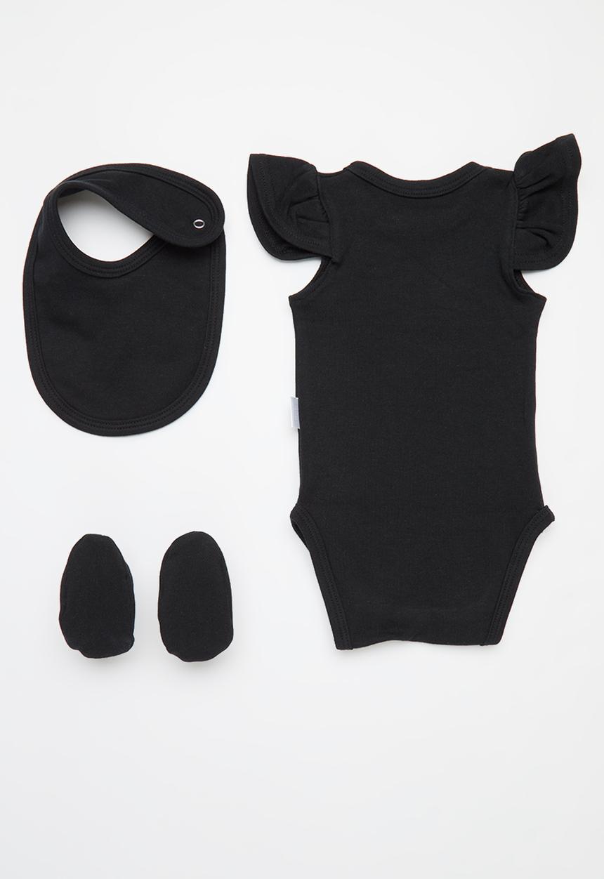Little Lumps - Frilled jumpsuit, booties & bib set - Black