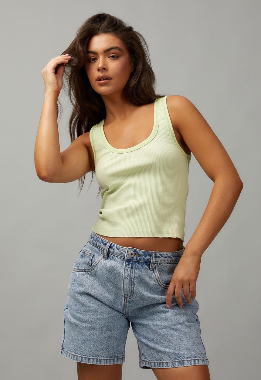 Factorie - Contrast Stitch Scoop Neck Tank - Washed Lime
