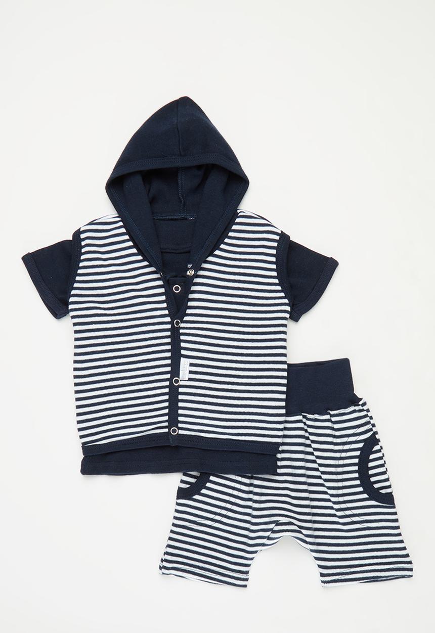 Little Lumps - Sleeveless Hoodie, Tab T Shirt & Shorts Set - Navy/Stripe