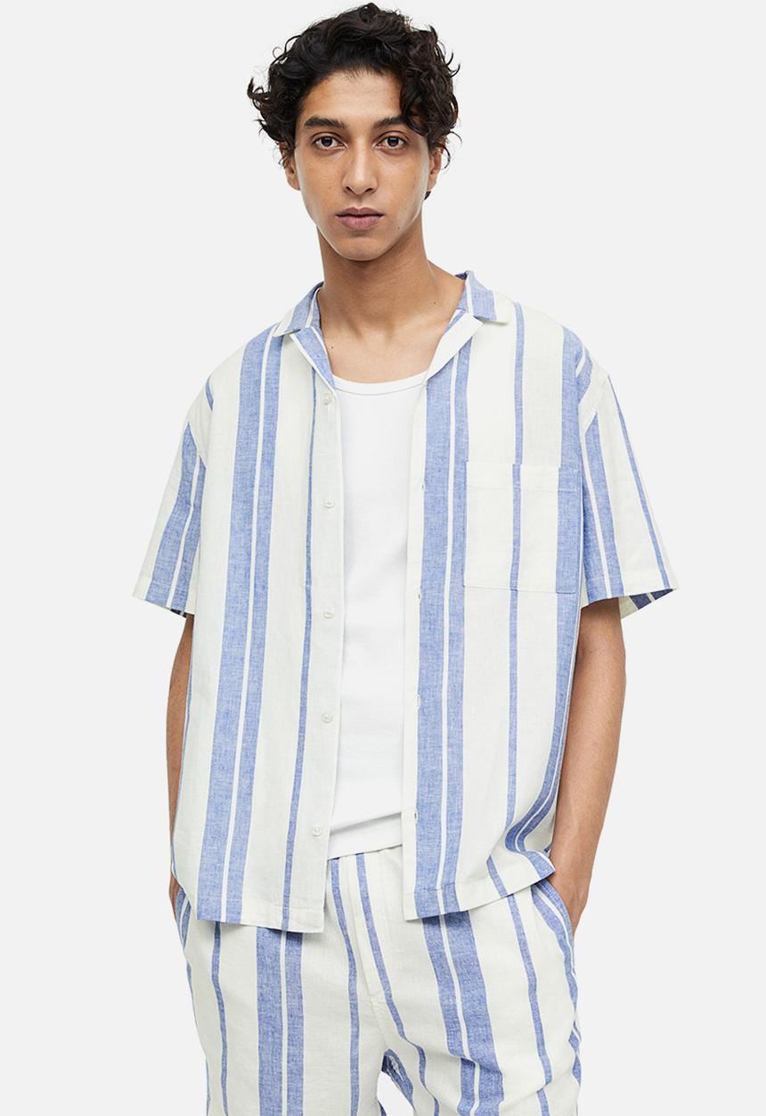 H&M - Regular fit linen-blend shirt - cream/blue striped