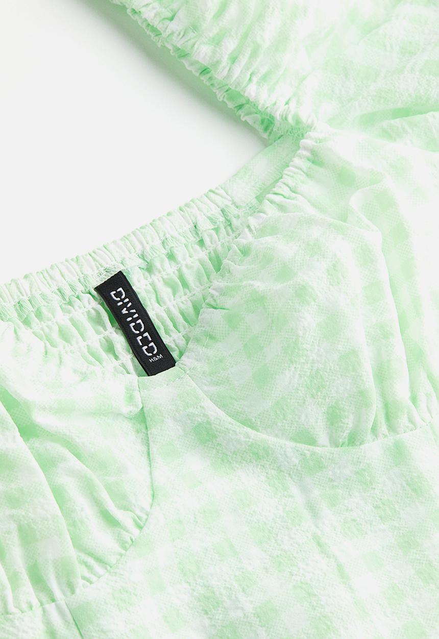 H&M - Puff-sleeved crêpe dress - light green checked 