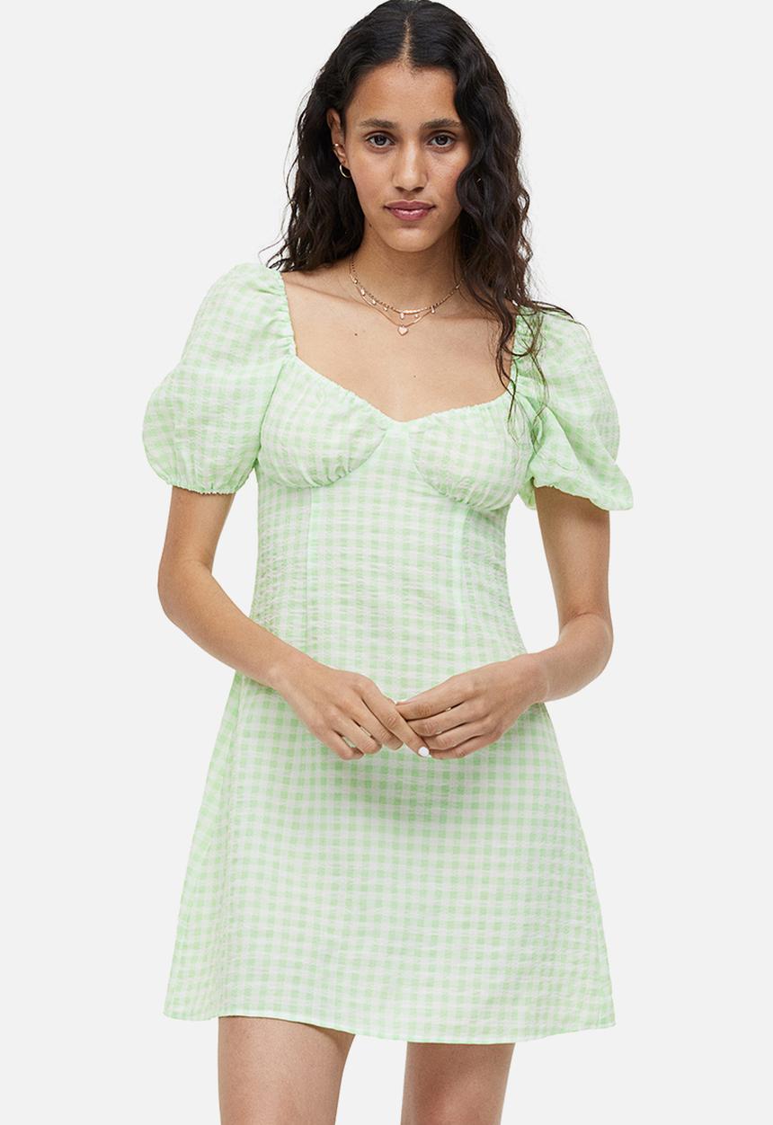 H&M - Puff-sleeved crêpe dress - light green checked 