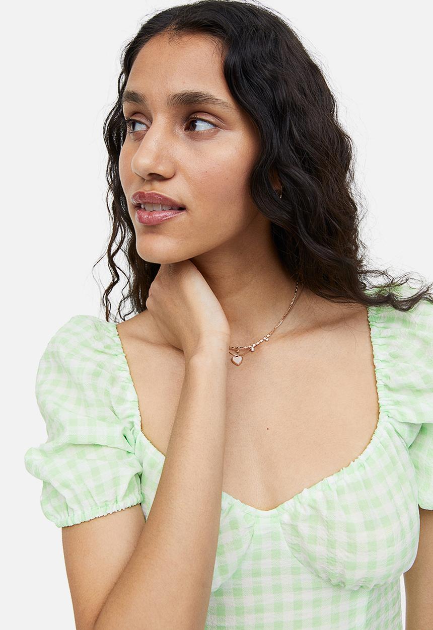 H&M - Puff-sleeved crêpe dress - light green checked 