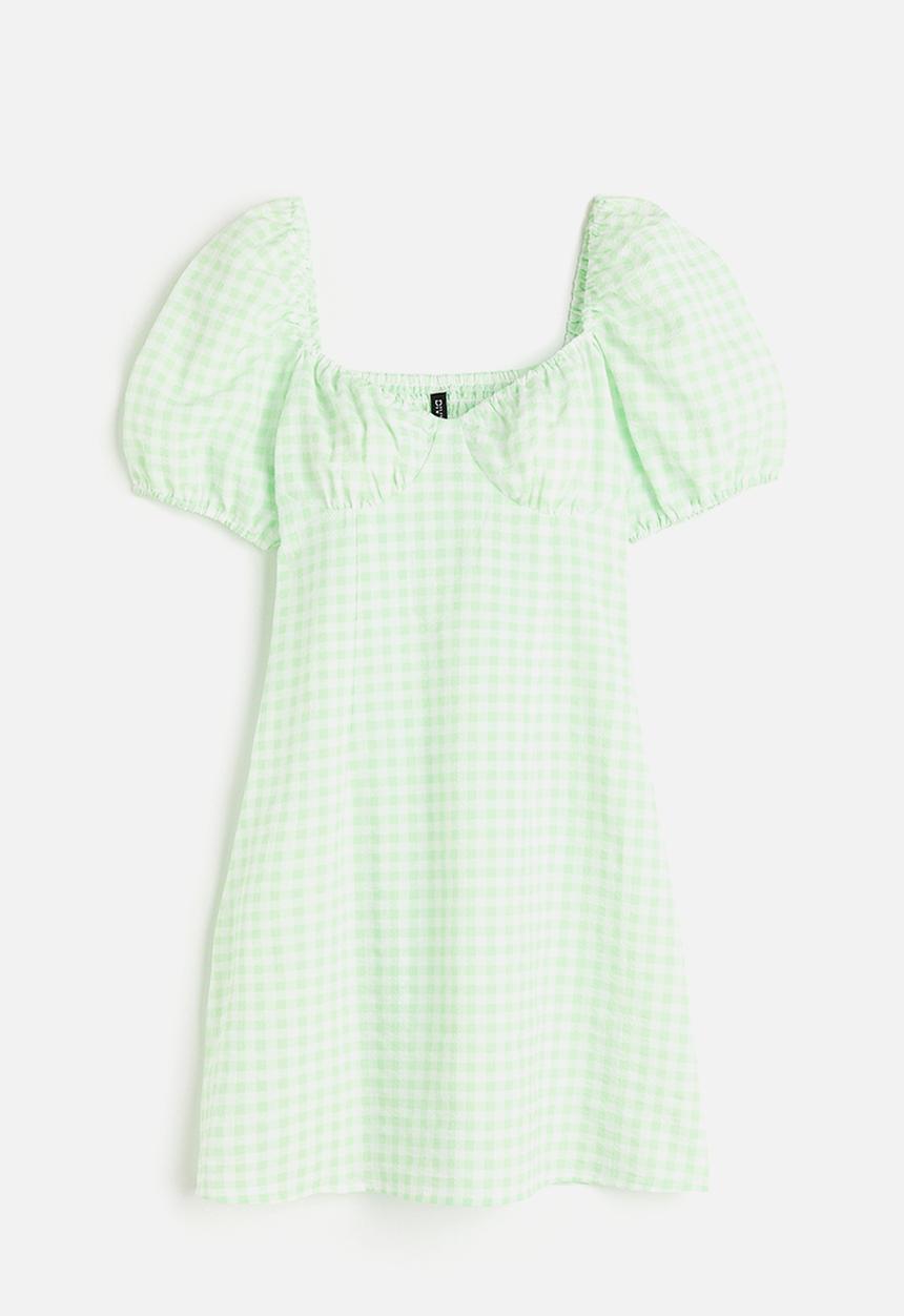 H&M - Puff-sleeved crêpe dress - light green checked 