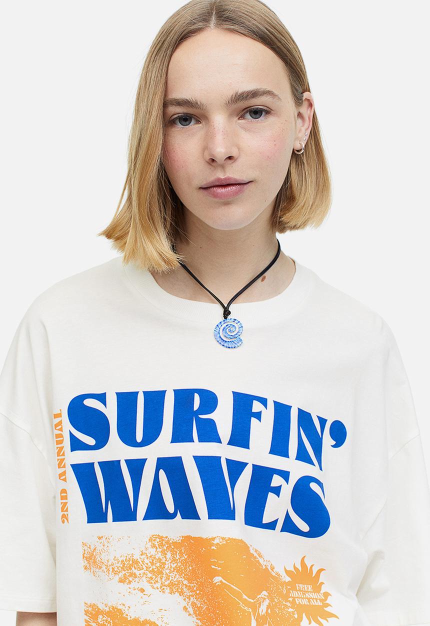H&M - Oversized printed T-shirt - white surfin' waves 