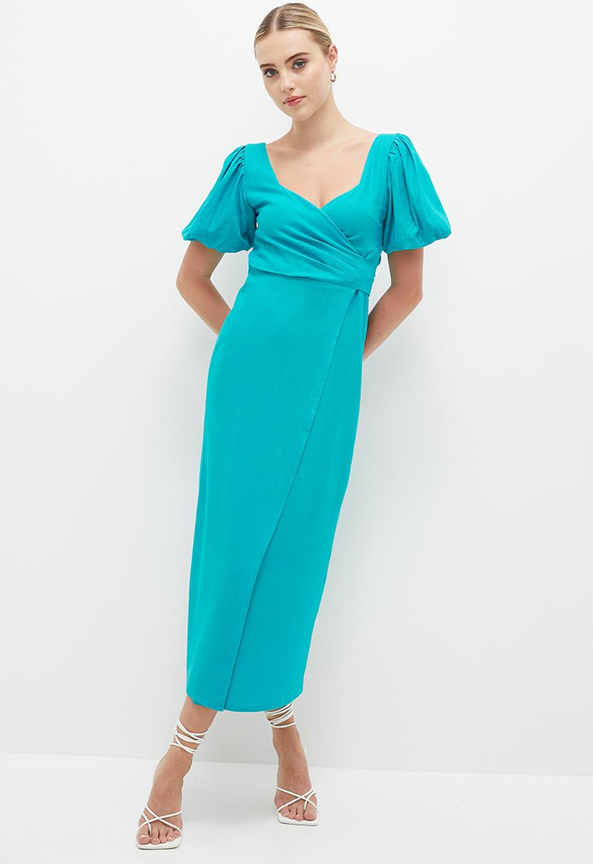 MILLA - Puff sleeve wrap midi dress - blue bird