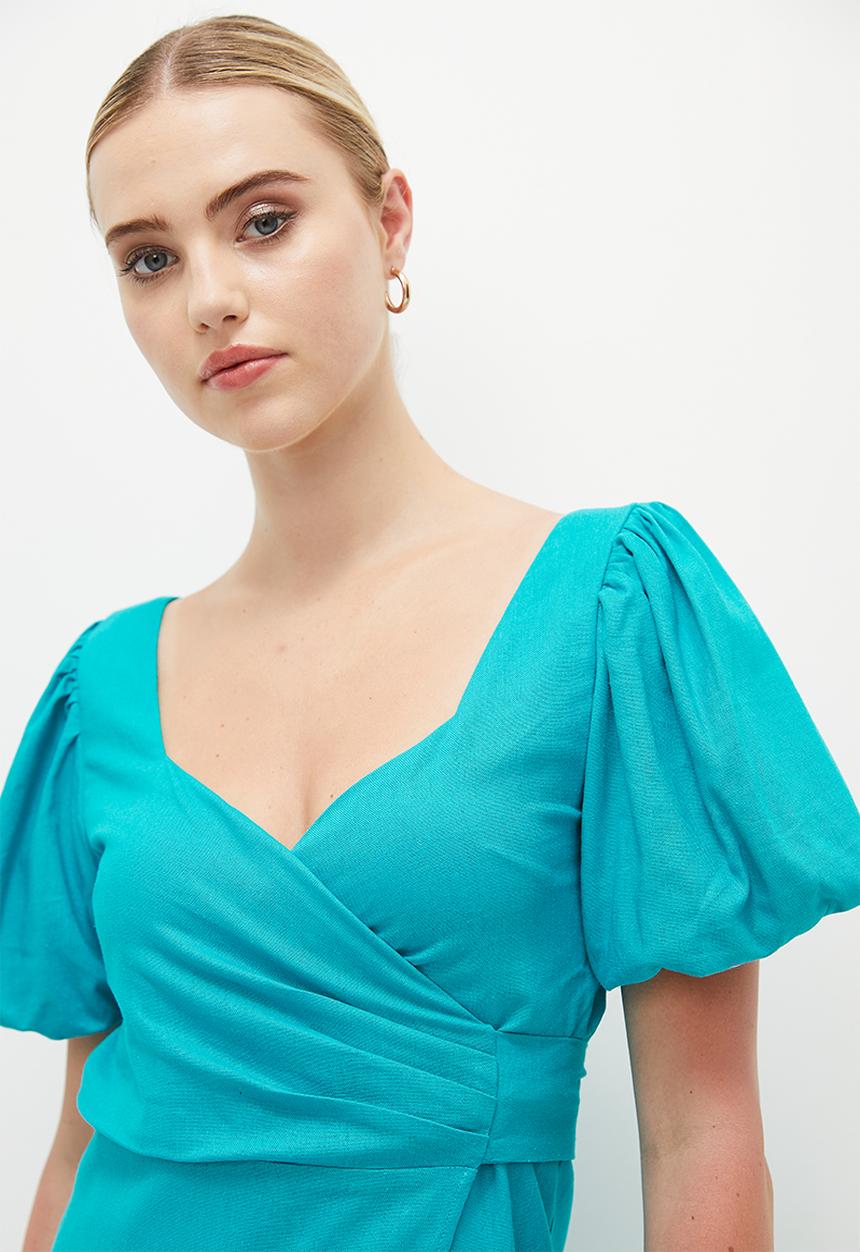 MILLA - Puff sleeve wrap midi dress - blue bird