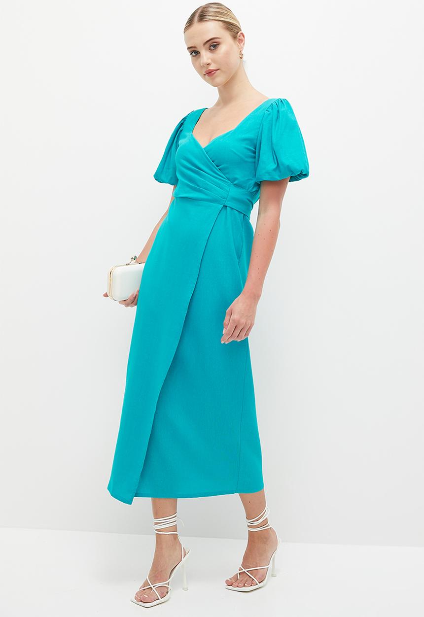 MILLA - Puff sleeve wrap midi dress - blue bird