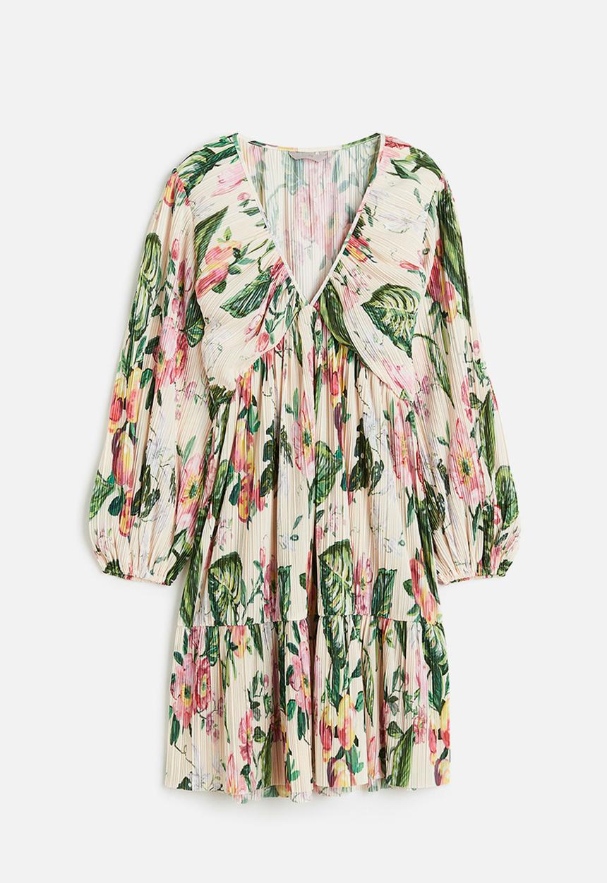H&M - Pleated jersey dress - light beige floral 