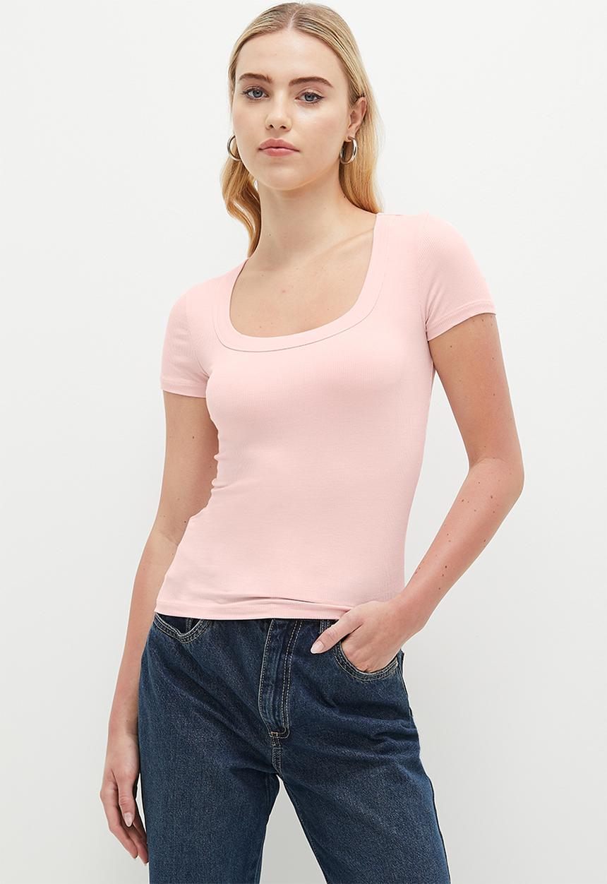 Cotton On - Staple Rib Mid Scoop Short Sleeve Top - Chalk Pink