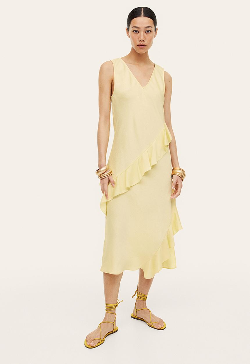 H&M - Flounce-trimmed dress - light yellow 