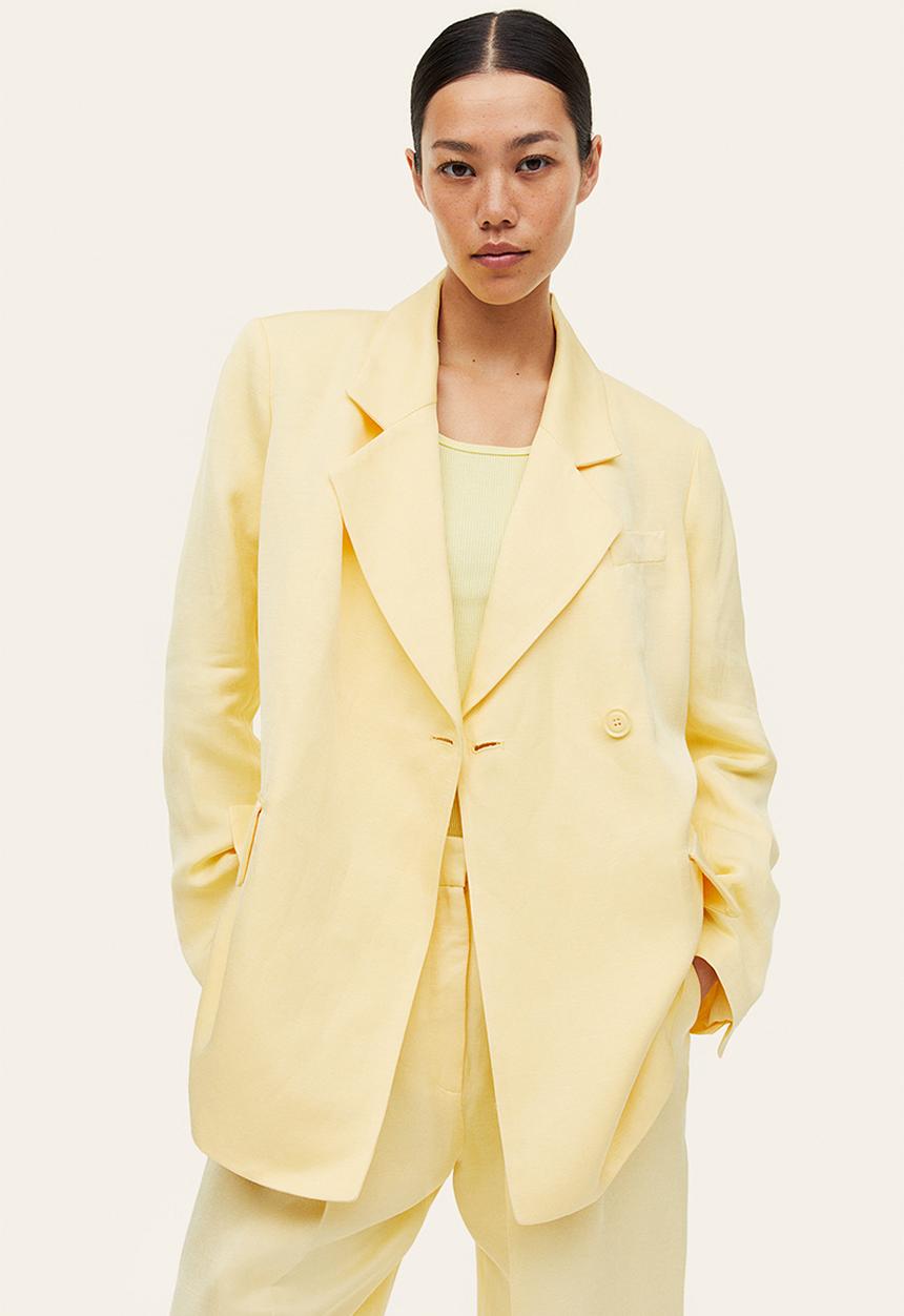 H&M - Double-breasted linen-blend blazer - light yellow