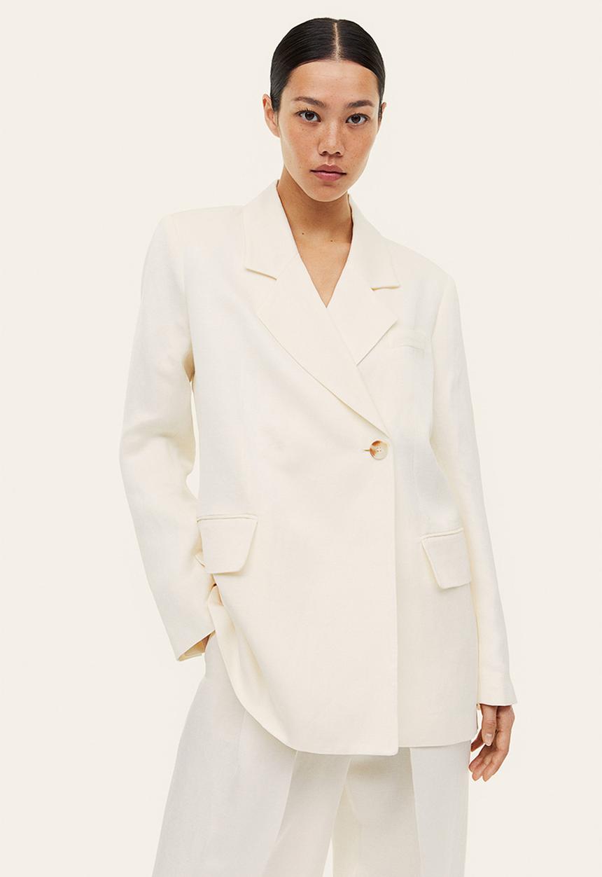 H&M - Double-breasted linen-blend blazer - white