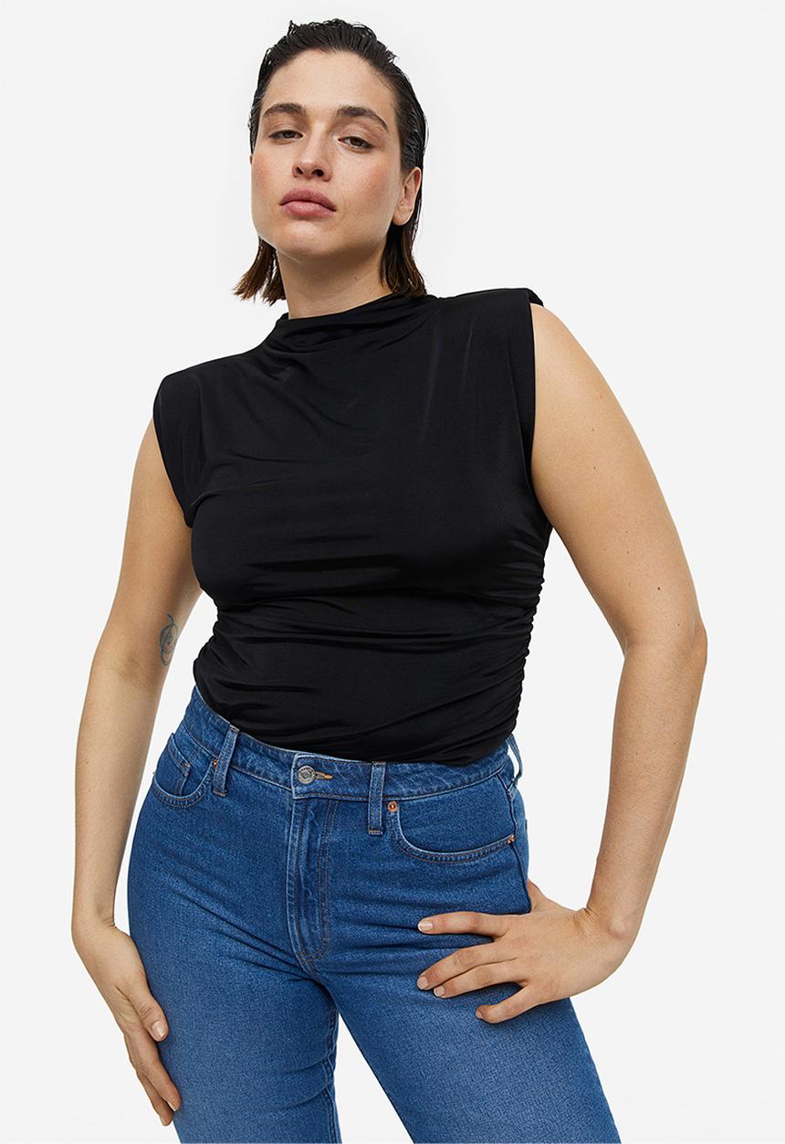 H&M - Draped shoulder-pad top - black