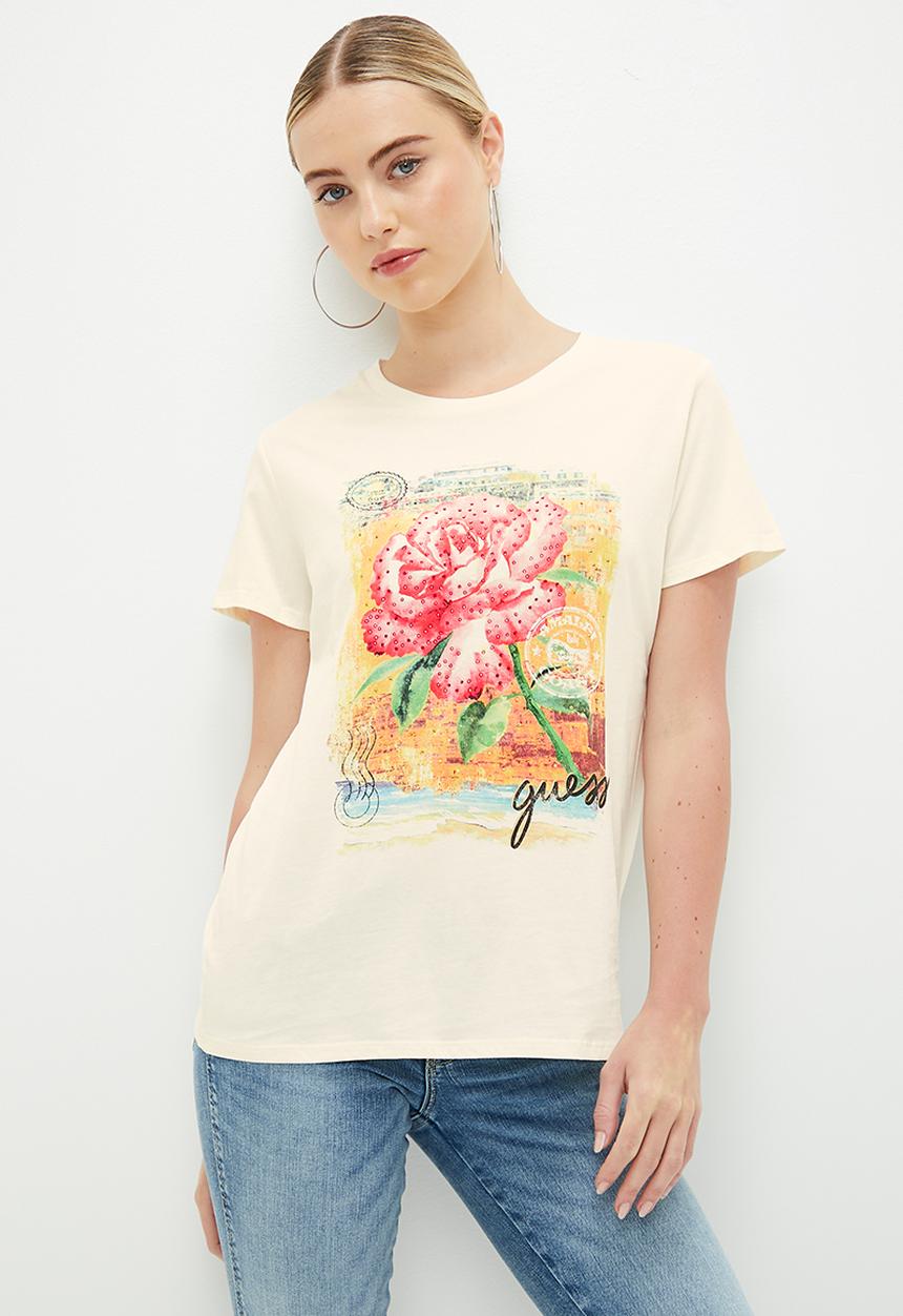 GUESS - Short sleeve positano rose easy tee - cream white