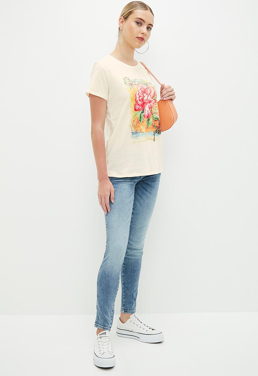 GUESS - Short sleeve positano rose easy tee - cream white