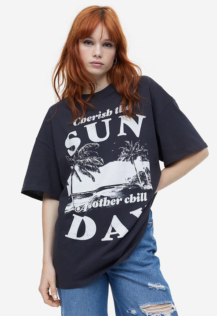 H&M - Oversized printed T-shirt - black cherish the sun