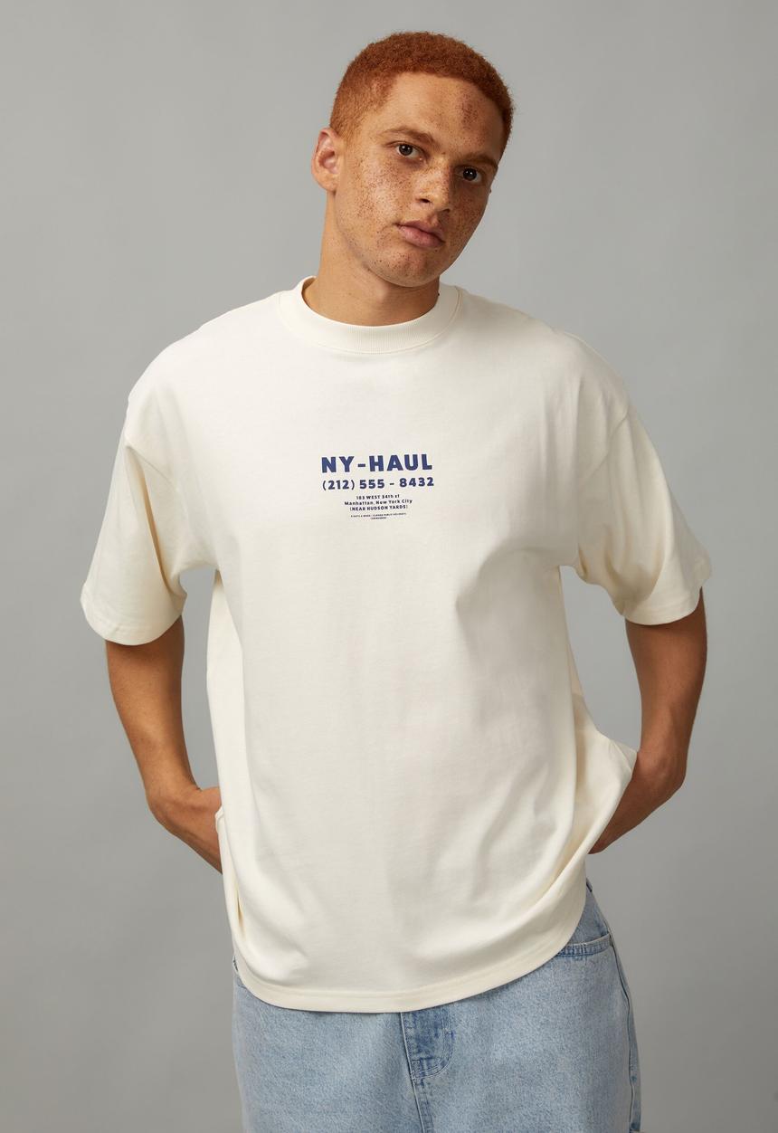 Factorie - heavy weight box fit graphic T-shirt - vanilla/ny haul