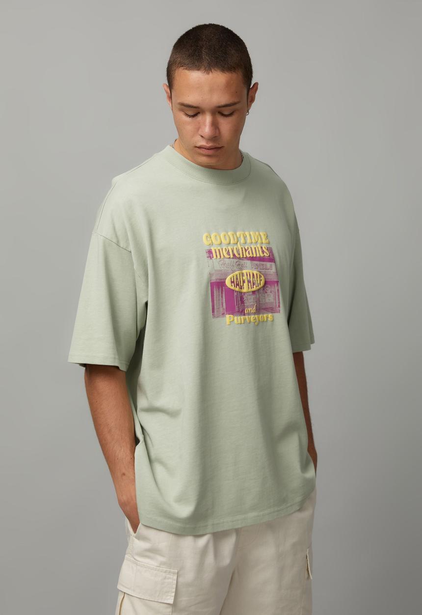 Factorie - Heavy weight box fit graphic T-shirt - wahsed seafoam/services