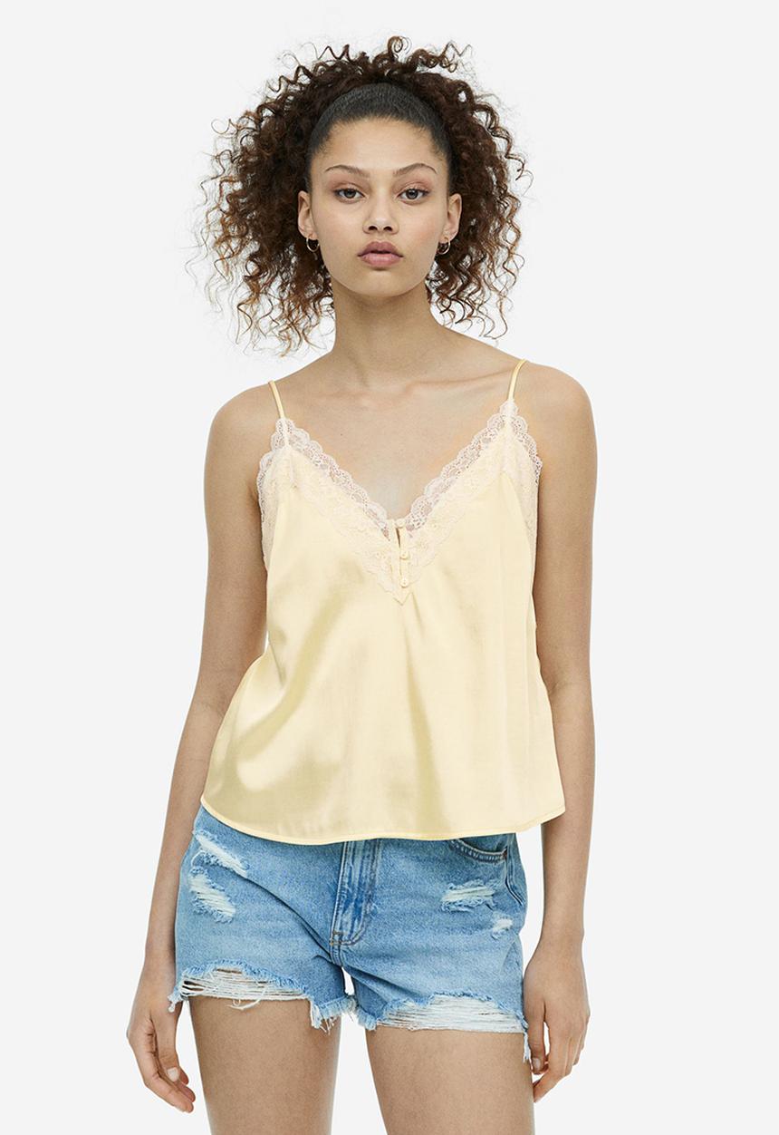 H&M - Lace-trimmed satin cami top - light yellow & white
