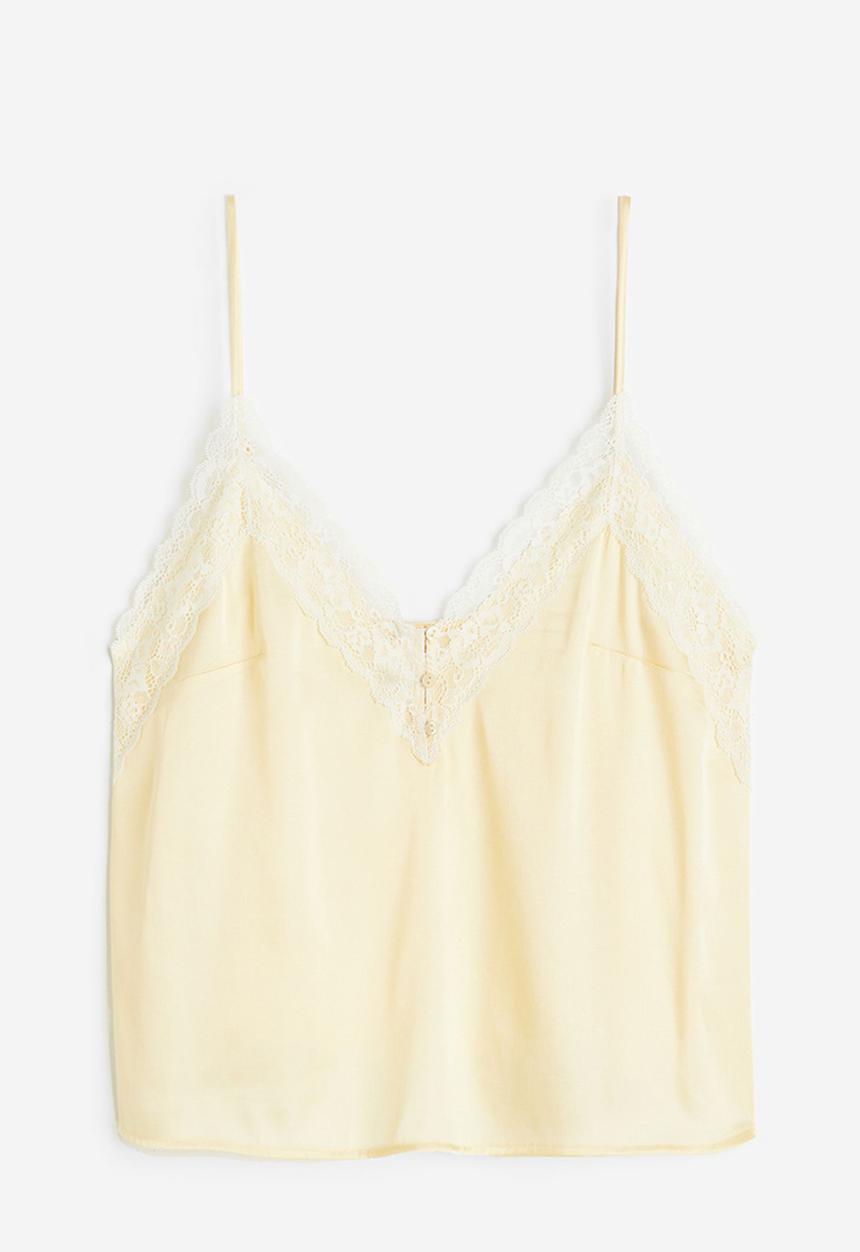 H&M - Lace-trimmed satin cami top - light yellow & white