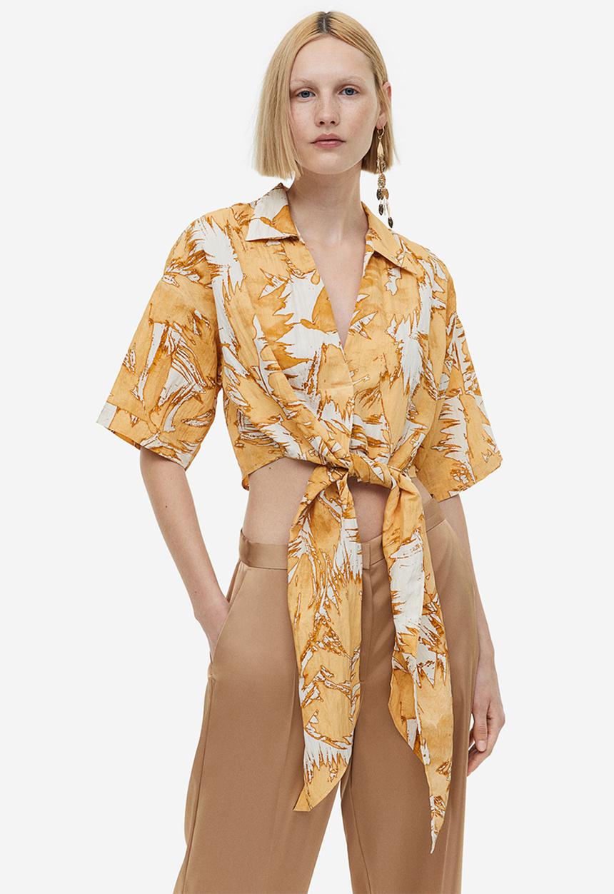 H&M - Tie-detail blouse - cream beige patterned