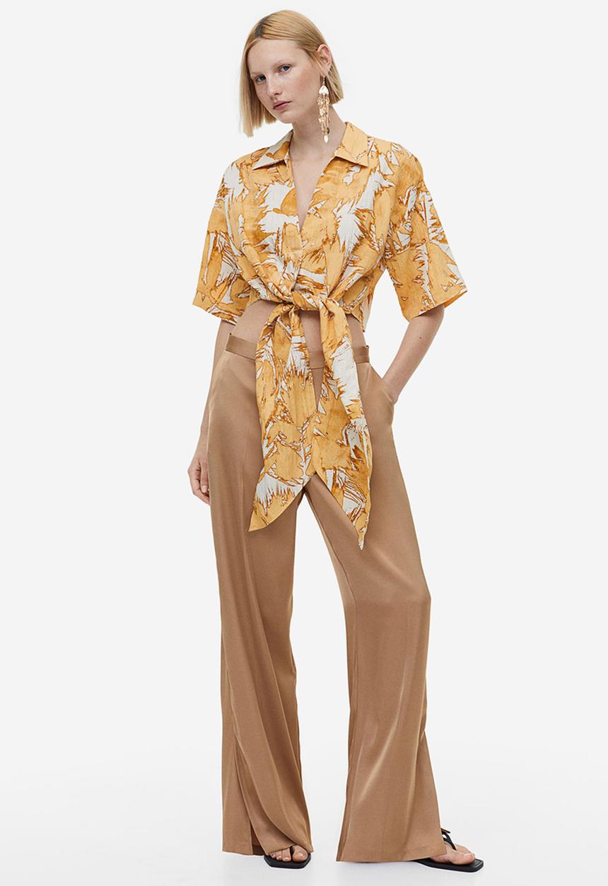 H&M - Tie-detail blouse - cream beige patterned