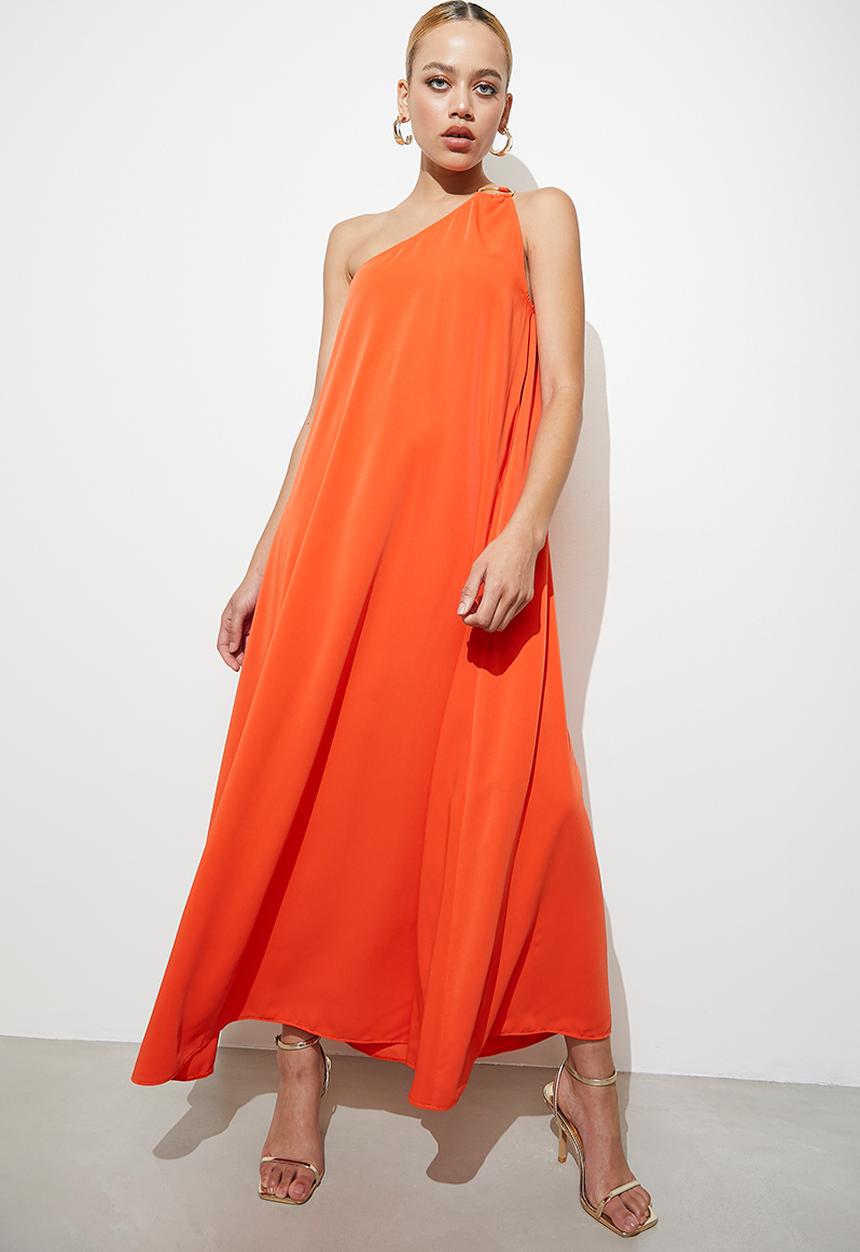 VELVET - Asymmetric satin kaftan dress with trim detail - orange
