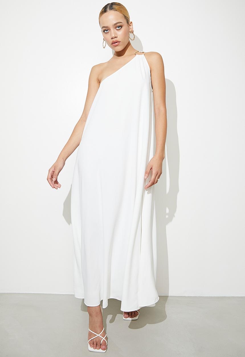VELVET - Asymmetric satin kaftan dress with trim detail - ivory