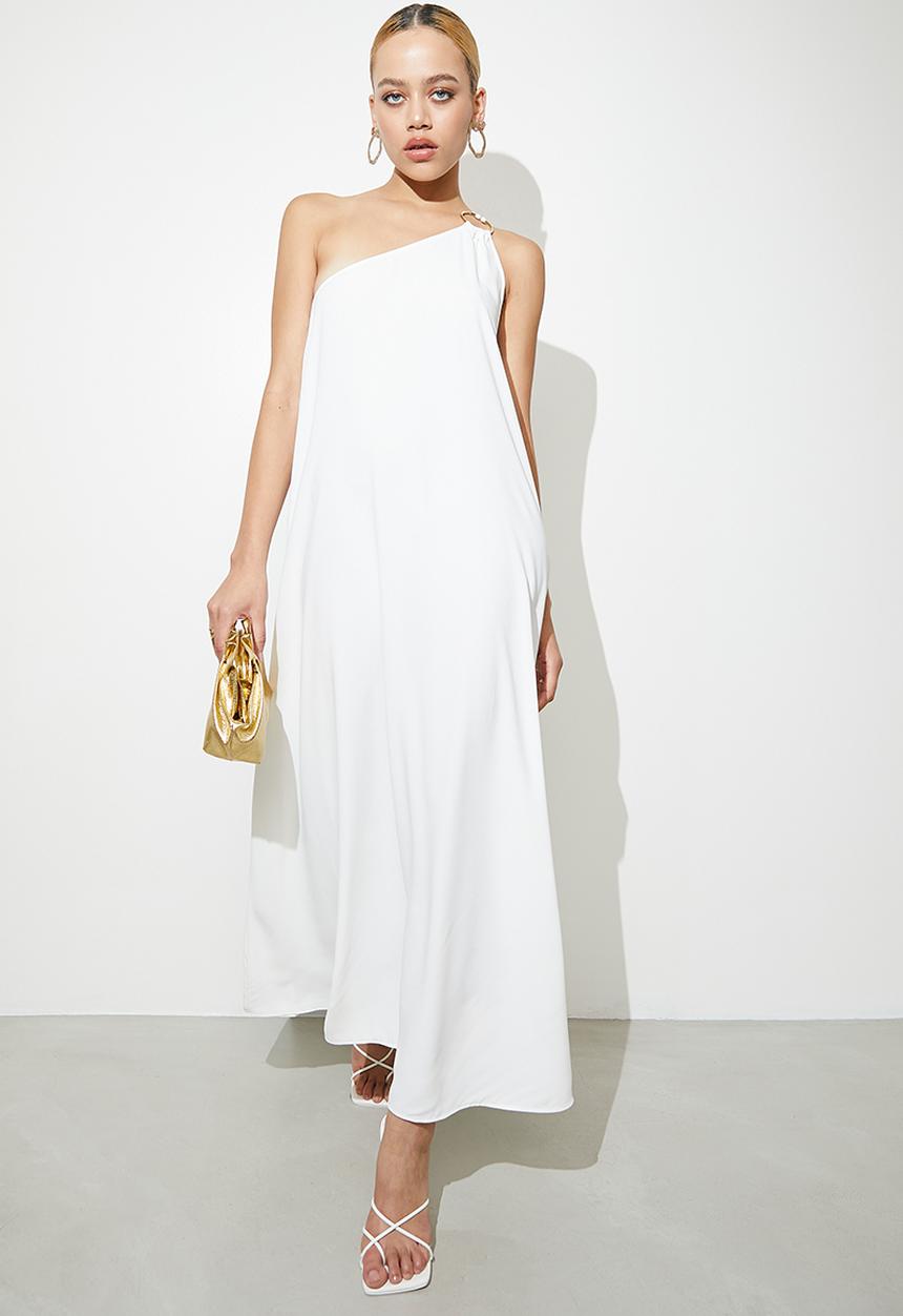 VELVET - Asymmetric satin kaftan dress with trim detail - ivory