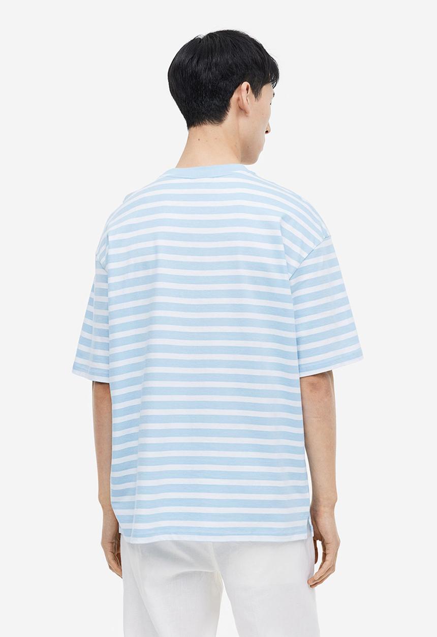 H&M - Relaxed fit cotton t-shirt - light blue & white striped