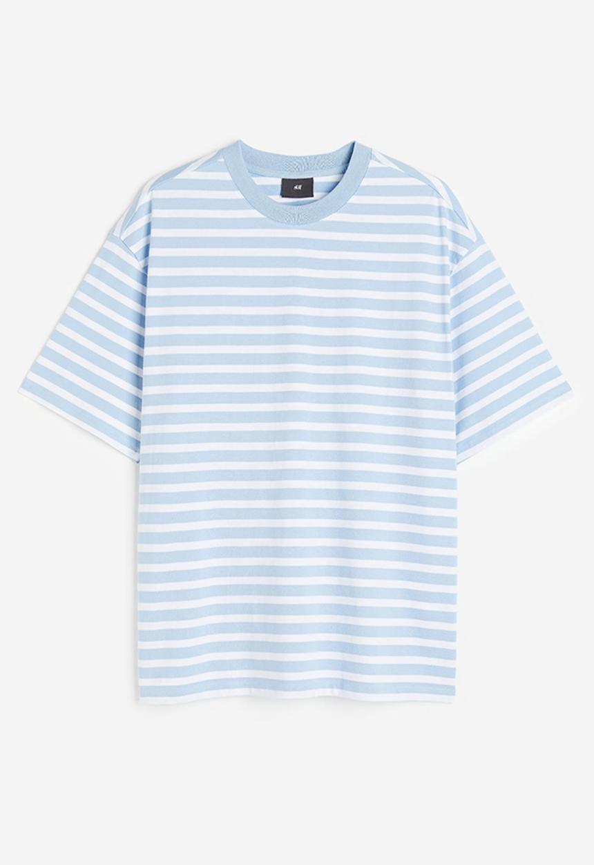 H&M - Relaxed fit cotton t-shirt - light blue & white striped