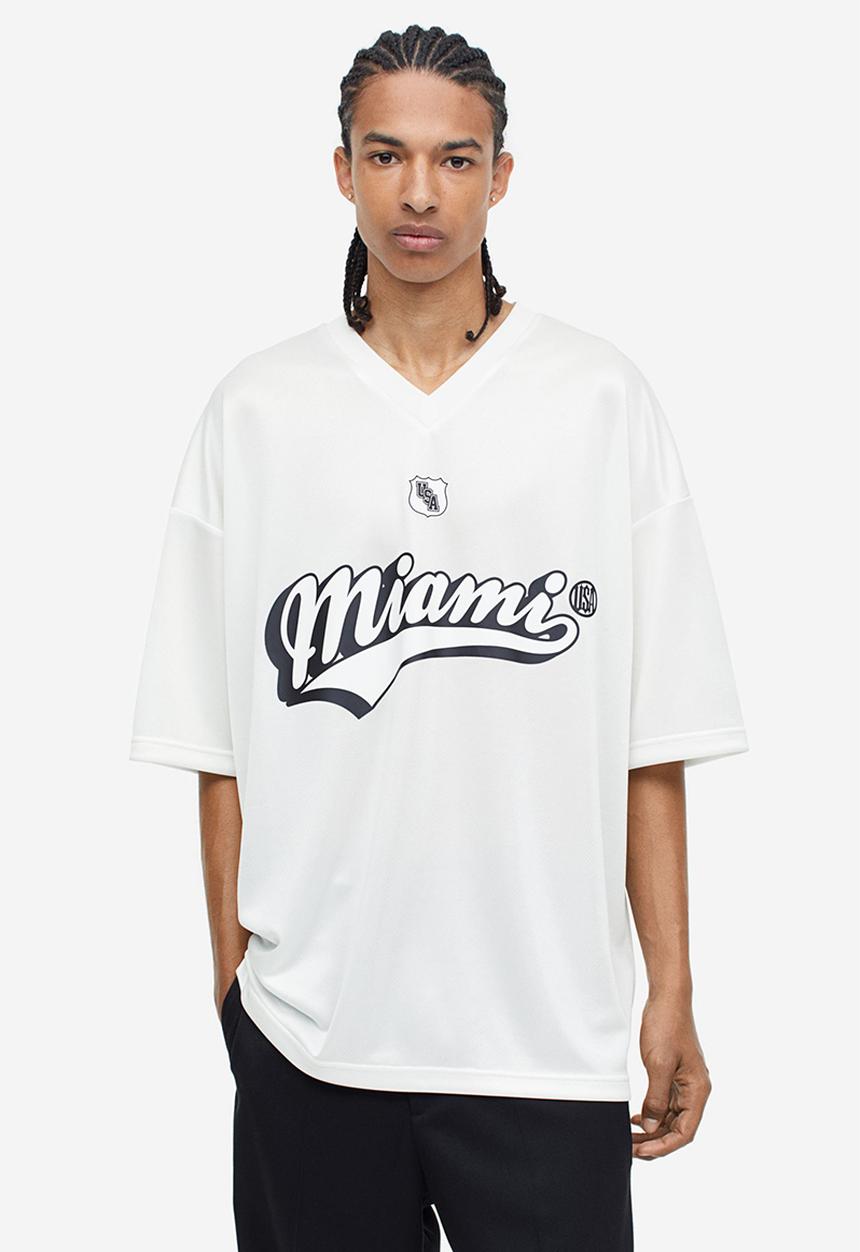 H&M - Oversized fit printed mesh t-shirt - white miami