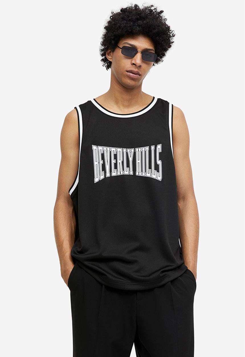 H&M - Relaxed fit printed mesh vest top - black & beverly hills
