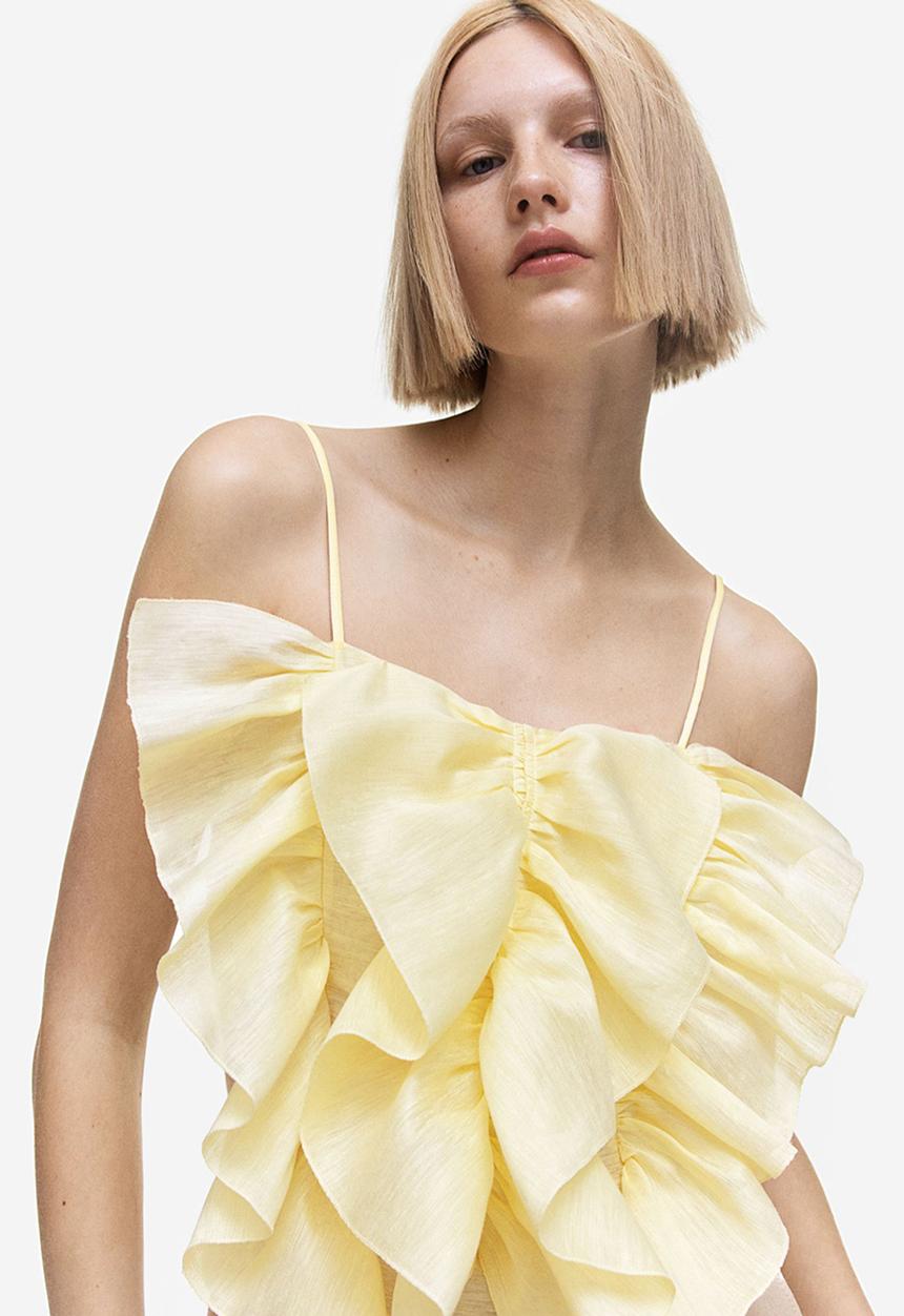H&M - Linen-blend flounce-detail top - light yellow