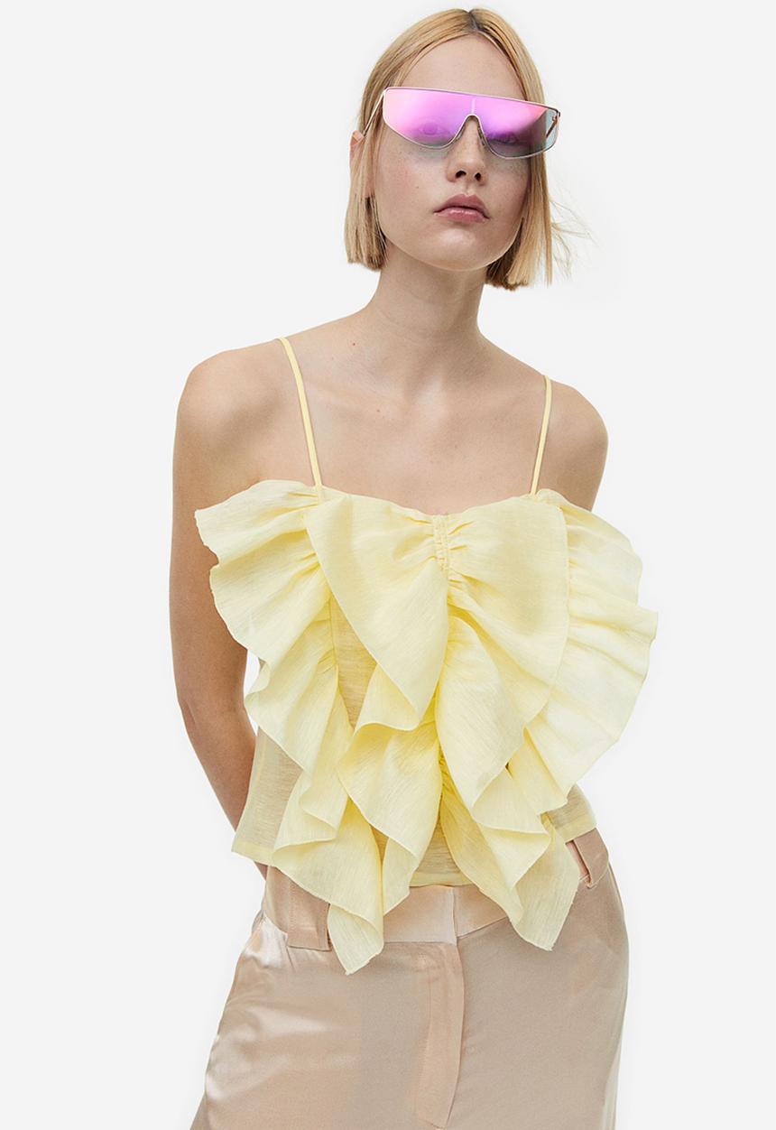H&M - Linen-blend flounce-detail top - light yellow